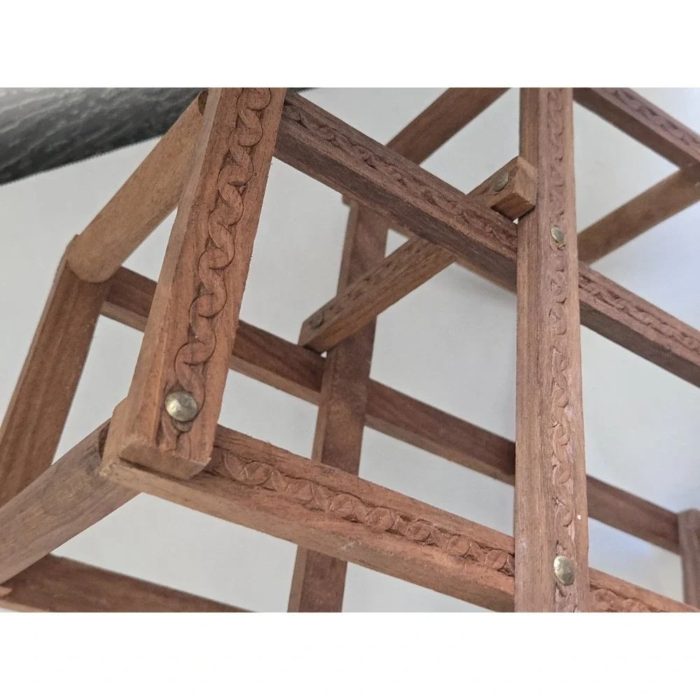Vtg Carved Wood Accordion Wine Rack Primitive Heavy Duty WoodFolding Shelf Hang